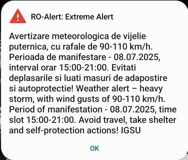 RO-ALERT Avetizează Răbufniri de Furtuni între 15:00-21:00; Cod Roșu în Vigoare!
