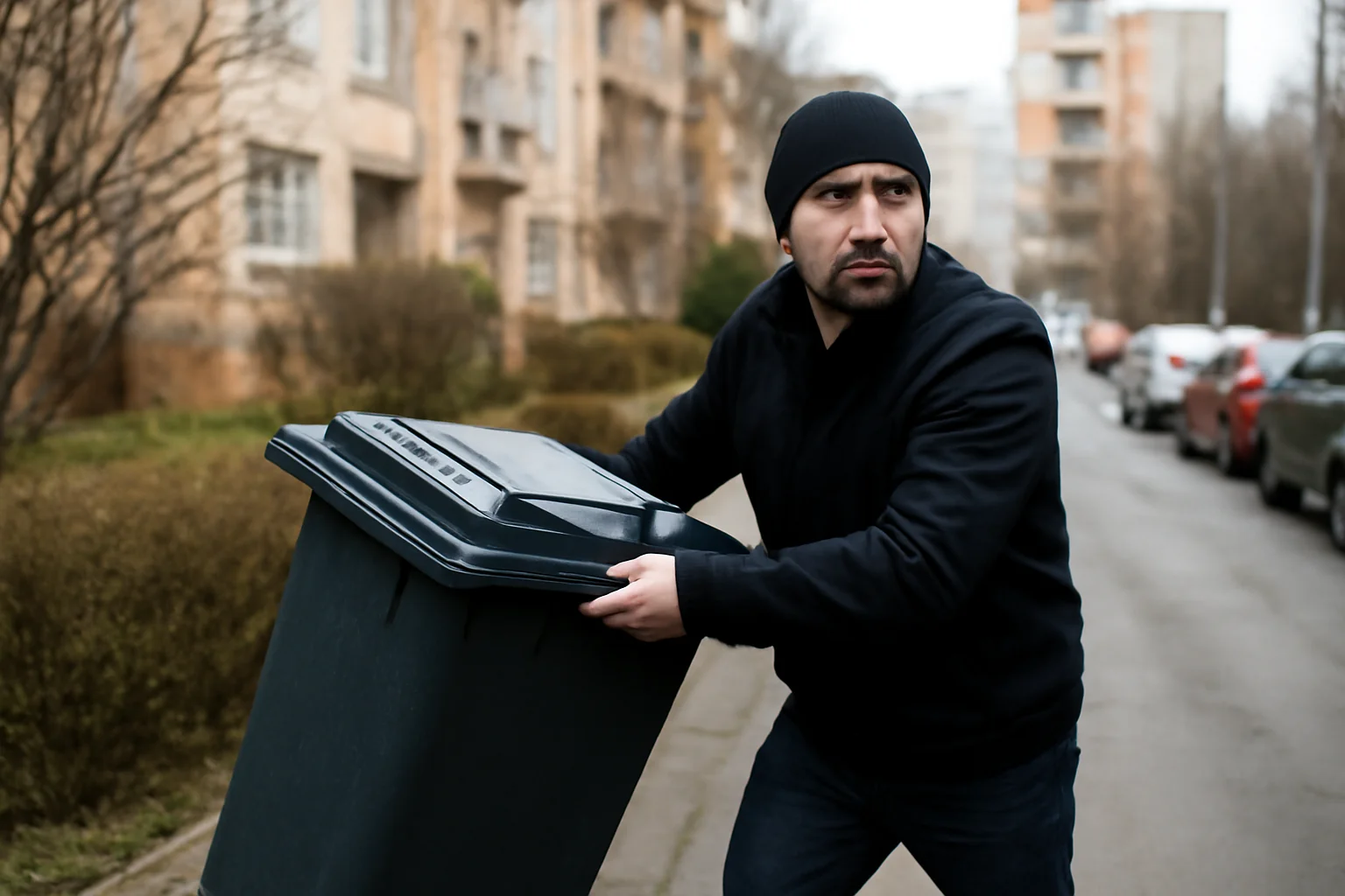 Bărbat surprins furând o pubelă pe stradă, în cartierul Gheorgheni din Cluj-Napoca