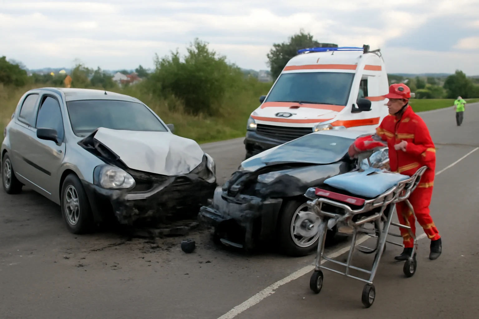 FOTO. Accident la ieșirea din Huedin implicând două mașini; o femeie de 45 de ani este transportată la spital