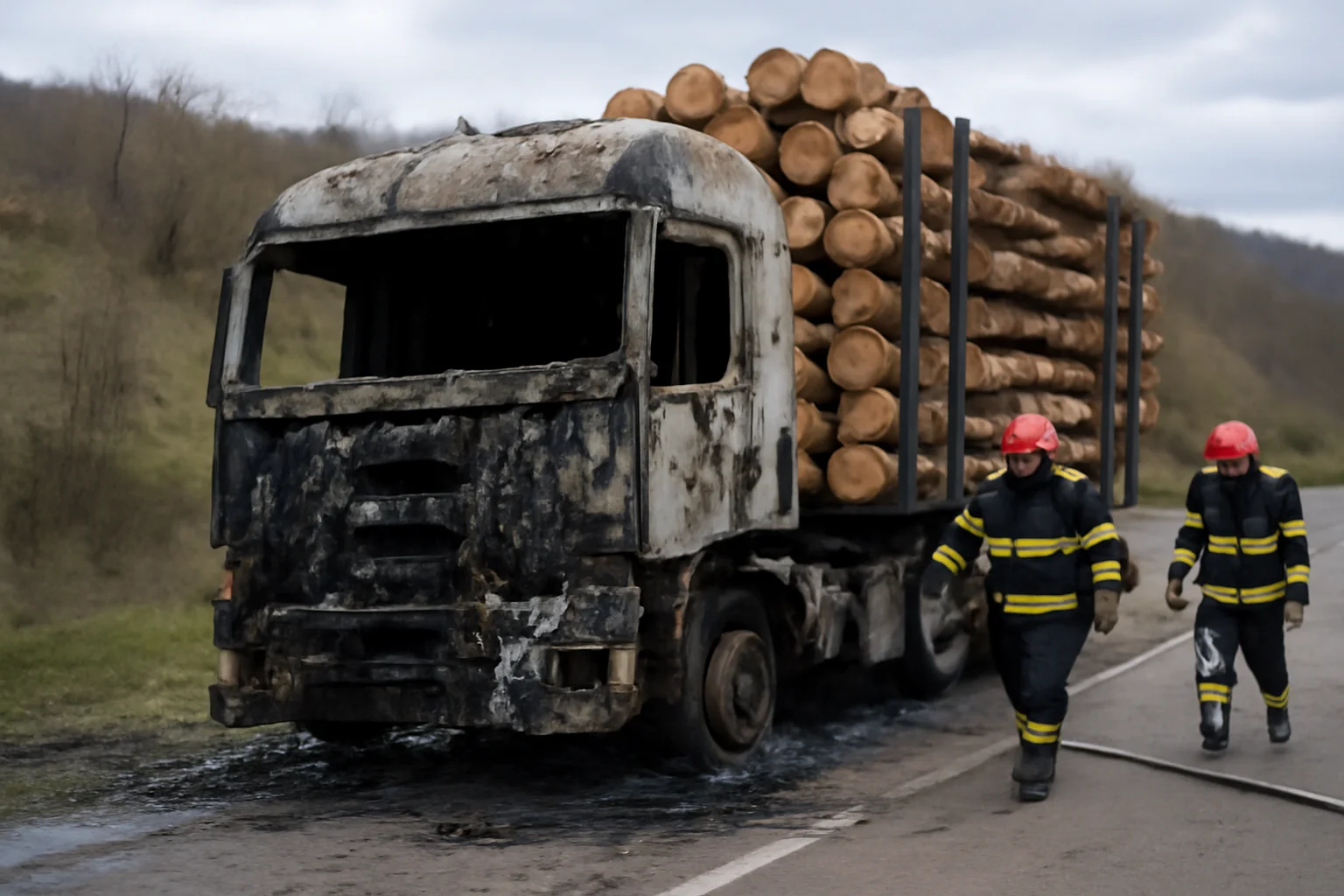 FOTO. Incendiu la un TIR încărcat cu lemne pe centura Vâlcele–Apahida, marfa salvată de pompieri