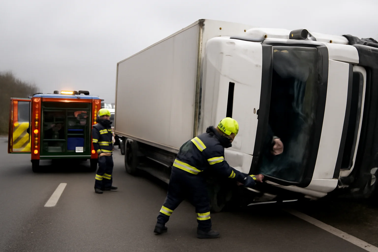 Intervenție de urgență pe A3 pentru salvarea unui șofer blocat într-un TIR răsturnat.