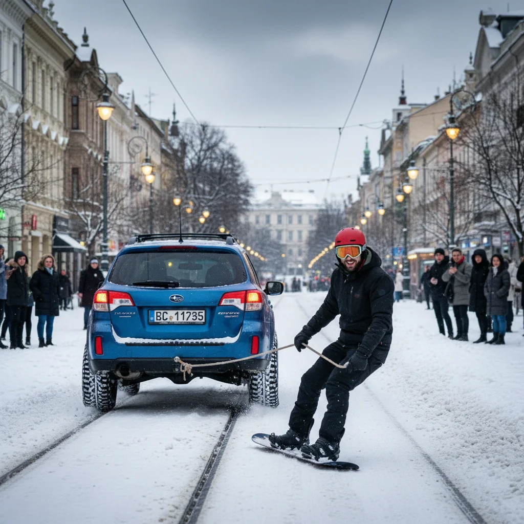 Snowboard tras de mașină într-o parcare din Cluj-Napoca, în timpul ninsorii de început de an